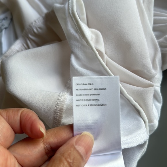 NWT Bebe Silk Wrap Bodysuit, cut-out long sleeves in white, size Small - Picture 14 of 16